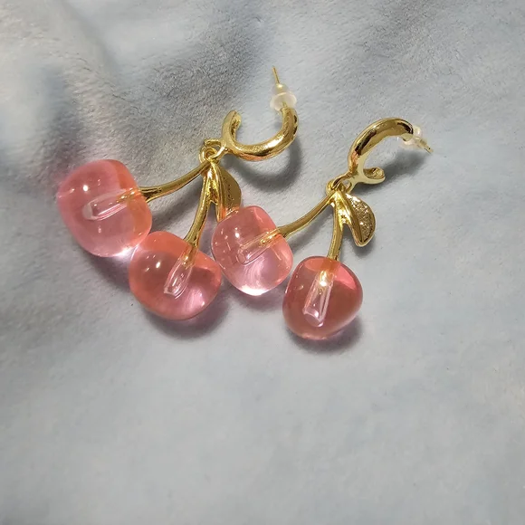 Pink and Gold Cherry Earrings - Picture 3 of 6